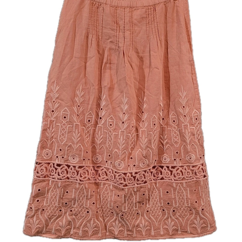 J Jill Linen Midi Skirt Size S Salmon Pink Pleated Embroidered Crochet Boho Feme